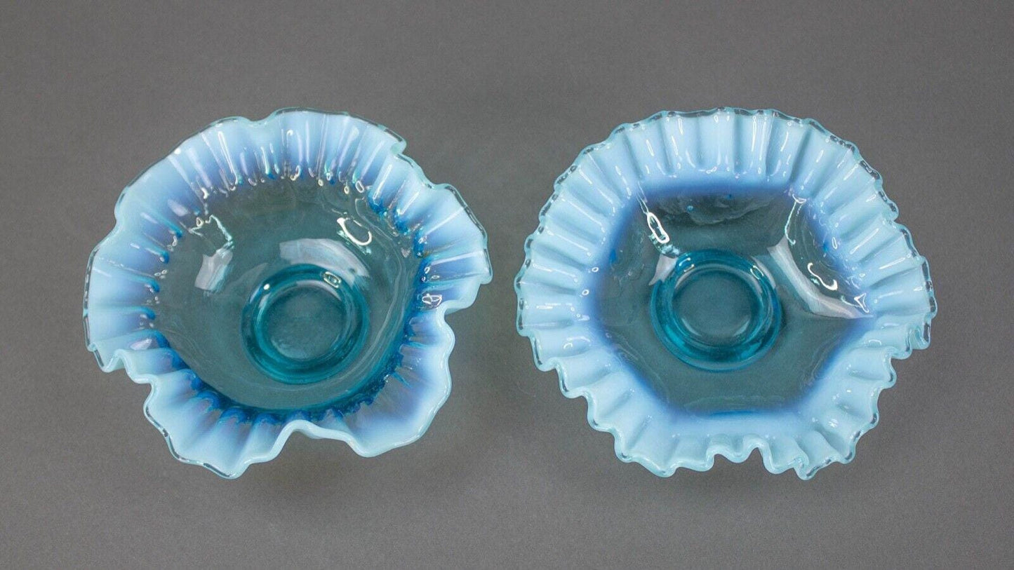 Fenton Blue Opalescent Crimped And Ruffled Art Glass 5.25" Bowls