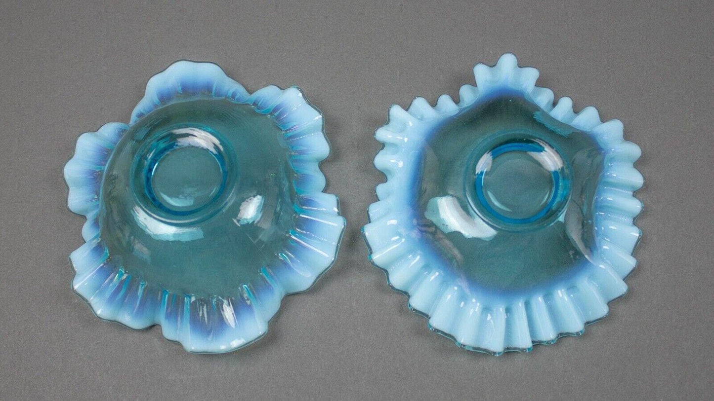 Fenton Blue Opalescent Crimped And Ruffled Art Glass 5.25" Bowls