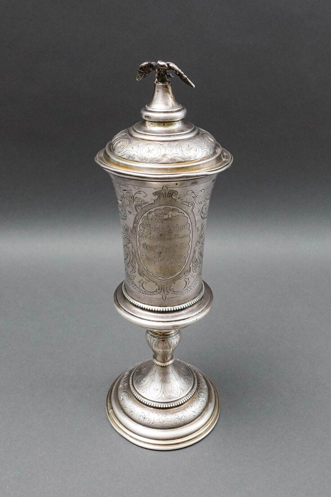 Antique Large Silver Engraved Presentation Goblet Cup And Cover W/ Eagle Finial