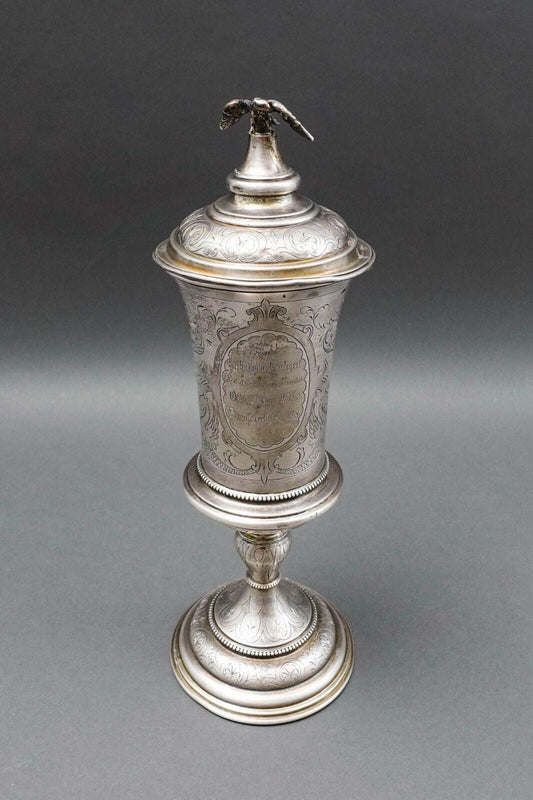 Antique Large Silver Engraved Presentation Goblet Cup And Cover W/ Eagle Finial