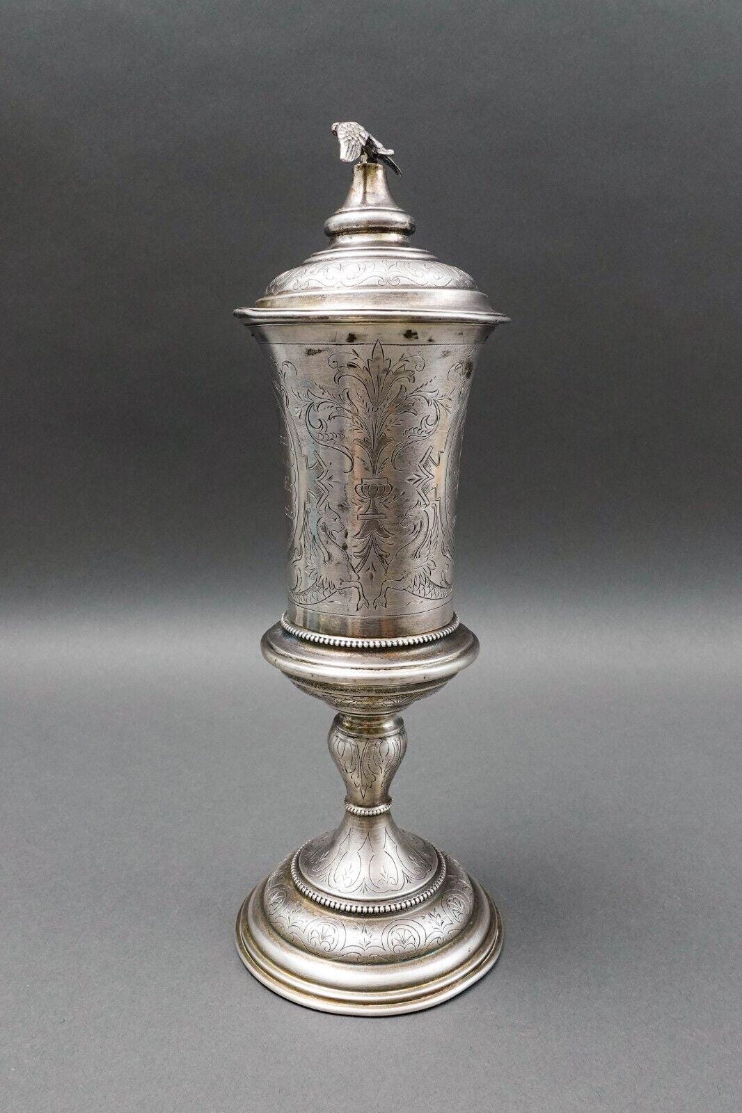 Antique Large Silver Engraved Presentation Goblet Cup And Cover W/ Eagle Finial