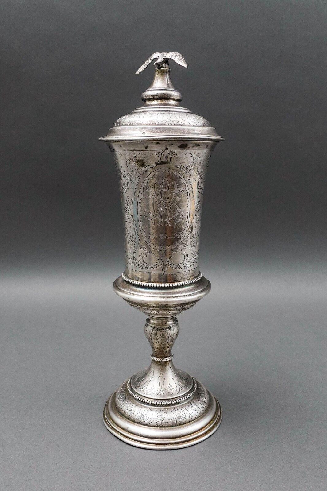 Antique Large Silver Engraved Presentation Goblet Cup And Cover W/ Eagle Finial