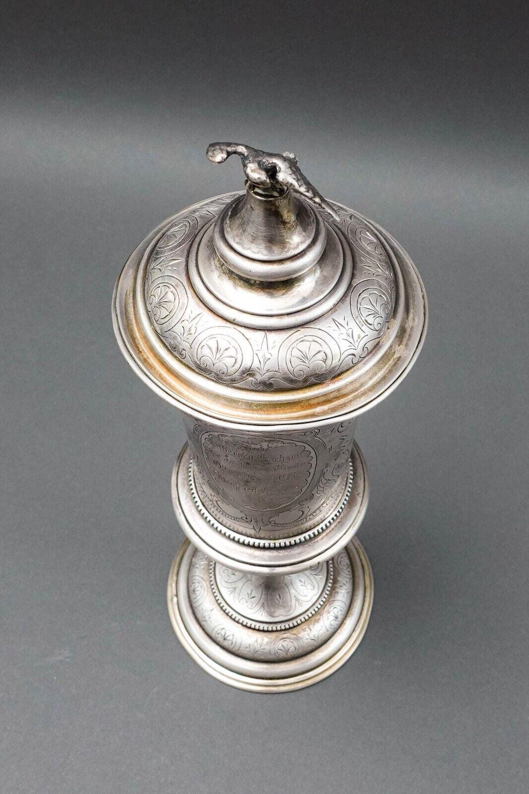 Antique Large Silver Engraved Presentation Goblet Cup And Cover W/ Eagle Finial