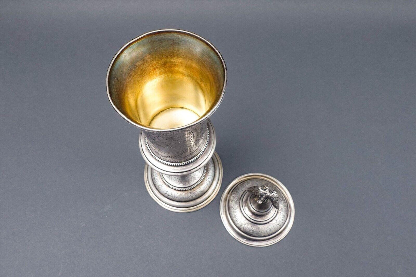 Antique Large Silver Engraved Presentation Goblet Cup And Cover W/ Eagle Finial