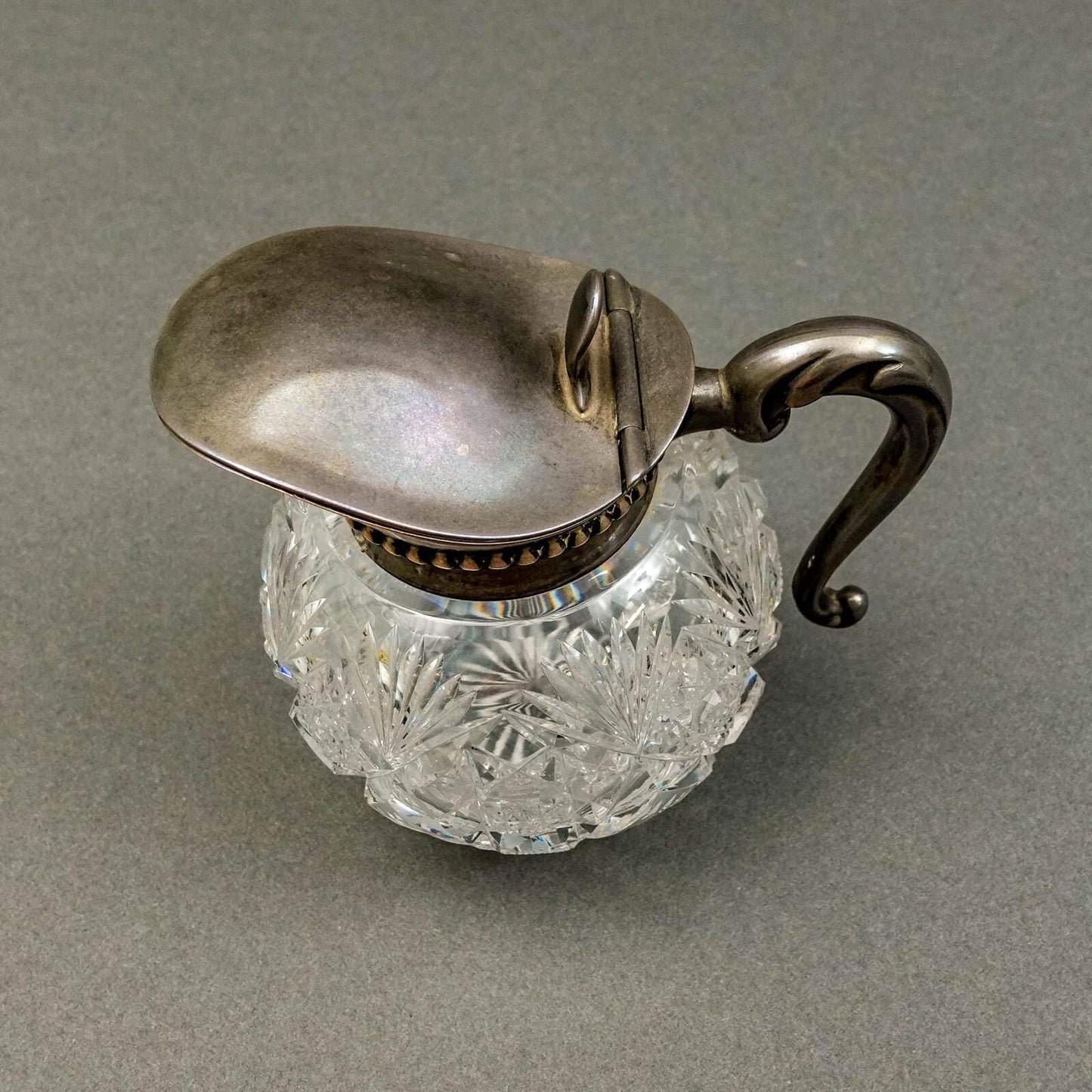 Hawkes NY Signed Sterling Silver Brilliant Cut Crystal Glass Syrup Jug Pitcher