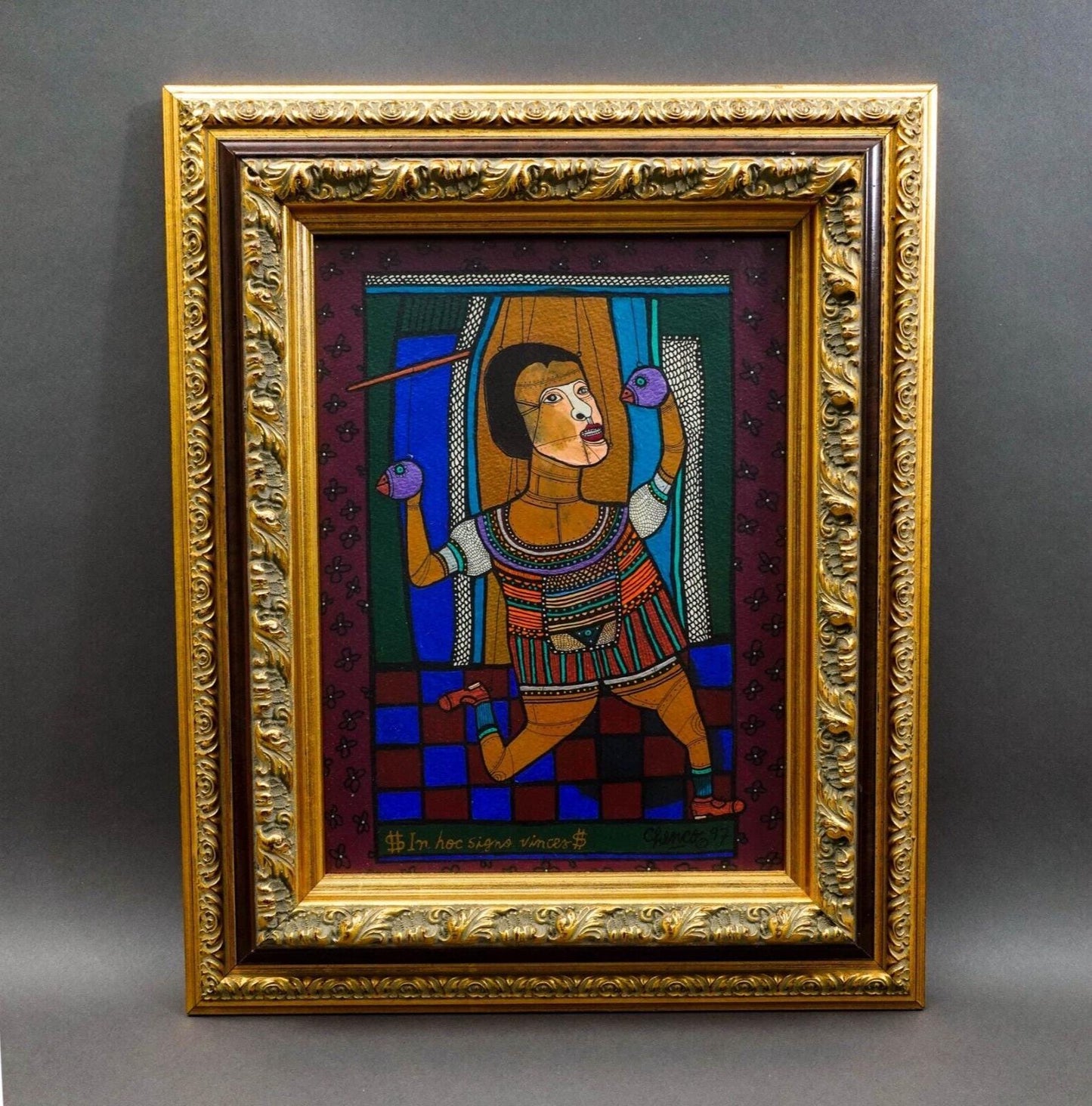 Chenco Columbian Artist "In Hoc Signo Vinces" Acrylic On Paper Painting 1997