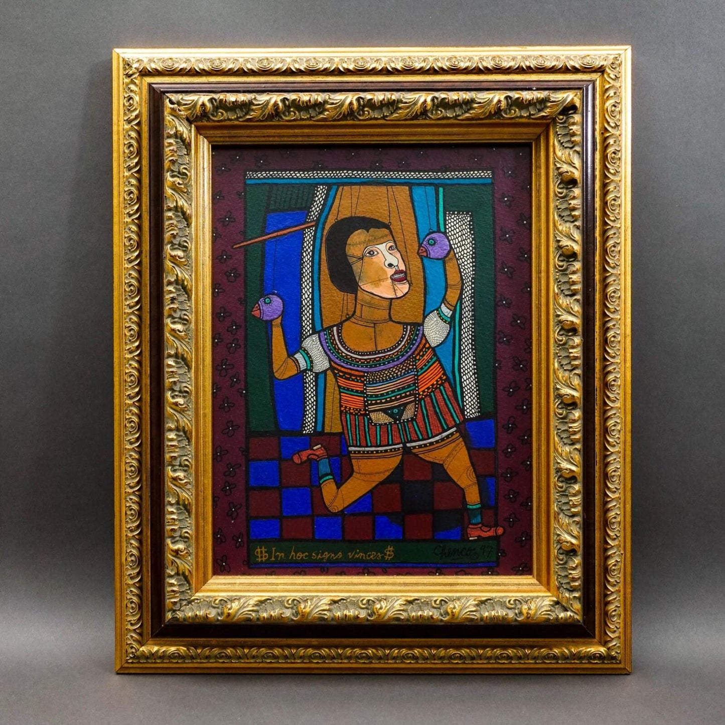 Chenco Columbian Artist "In Hoc Signo Vinces" Acrylic On Paper Painting 1997