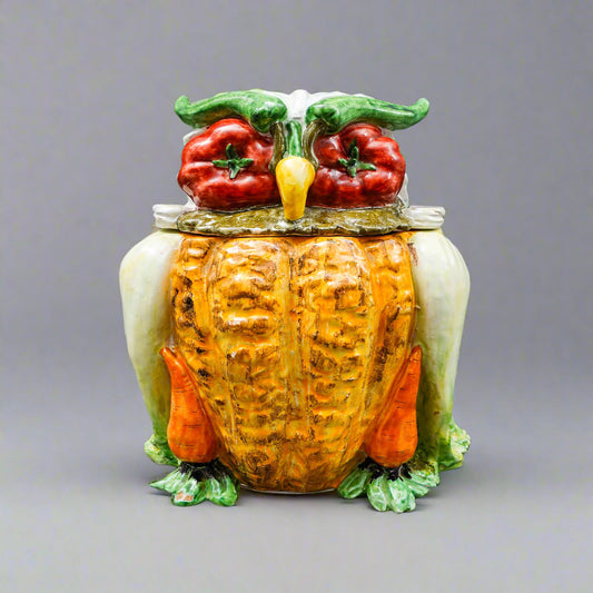 Vintage Italian Majolica Vegetables Owl Art Pottery Cookie Jar Canister (Read)