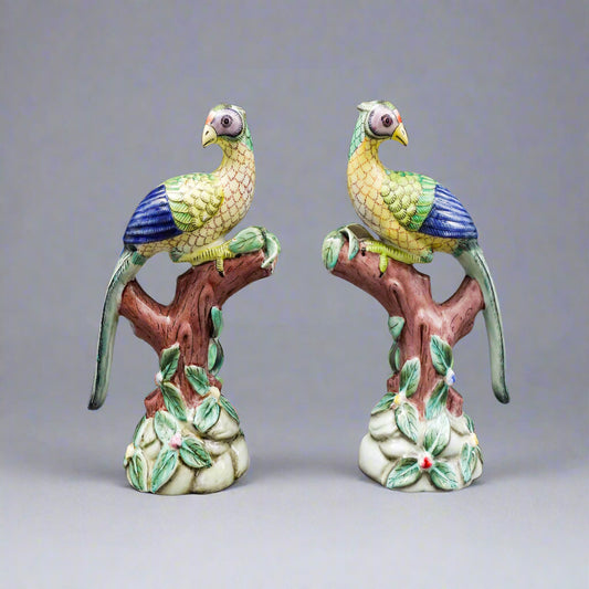 Pair Parrot Pheonix Peacock Pheasant Bird Pottery Figurine Book Sculpture (Read)