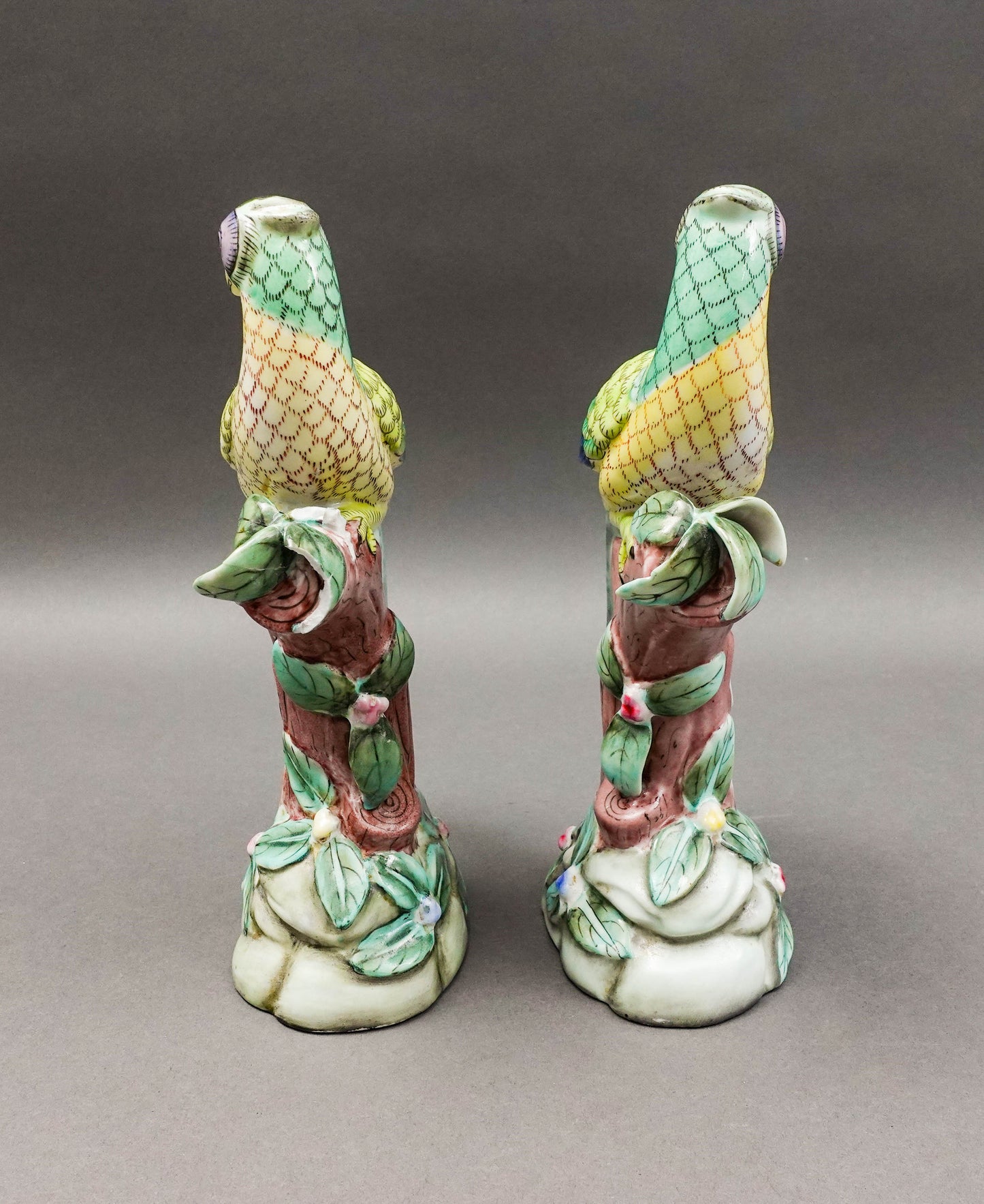 Pair Parrot Pheonix Peacock Pheasant Bird Pottery Figurine Book Sculpture (Read)