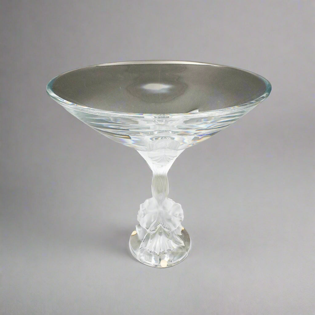 Lalique Crystal France Plumeria Orchid Glass Pedestal Centerpiece Compote Bowl