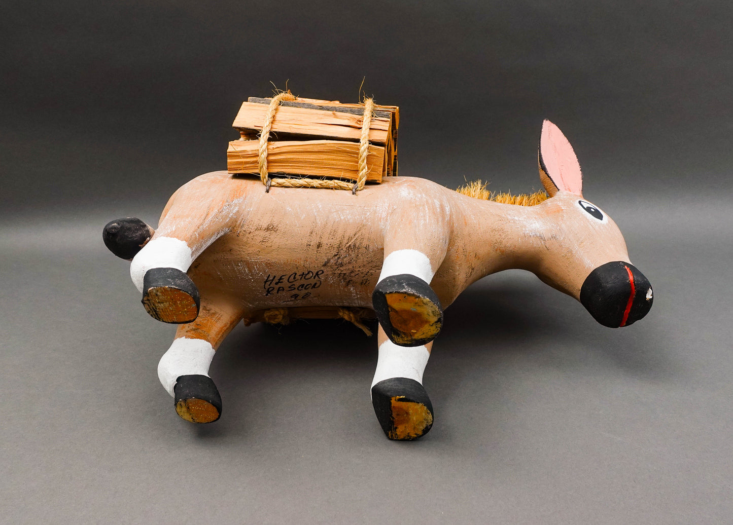 Hector Rascon Mexico Signed Rare 1990 Hand Carved Wood Folk Art Burro Donkey 18"