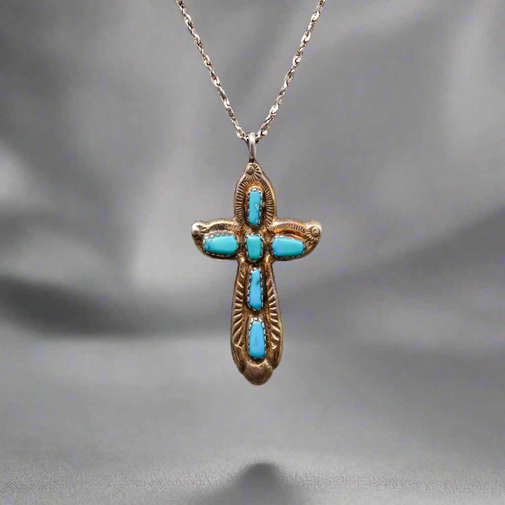 Horace Iule Signed Zuni Sterling Silver Turquoise Cross Pendant With Necklace