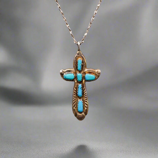 Horace Iule Signed Zuni Sterling Silver Turquoise Cross Pendant With Necklace