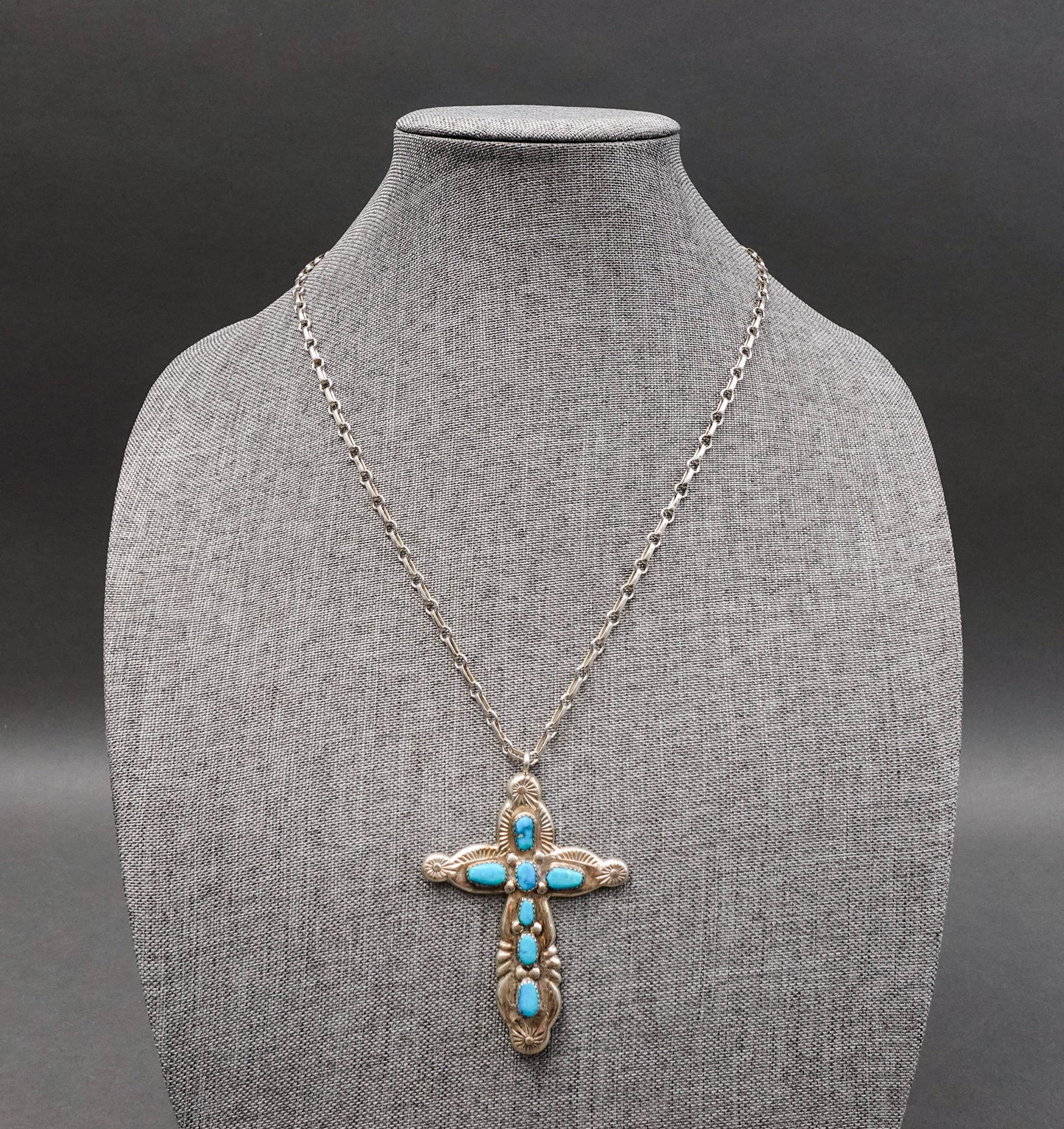 Horace Iule Signed Zuni Sterling Silver Turquoise Cross Pendant With Necklace (Copy)