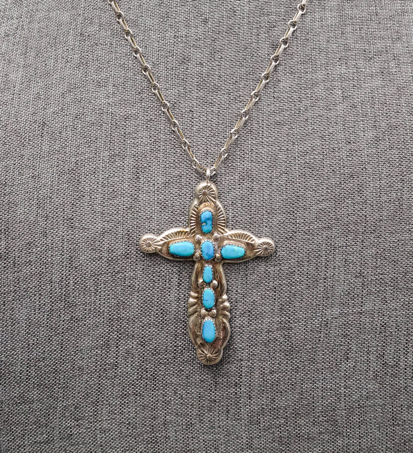 Horace Iule Signed Zuni Sterling Silver Turquoise Cross Pendant With Necklace (Copy)