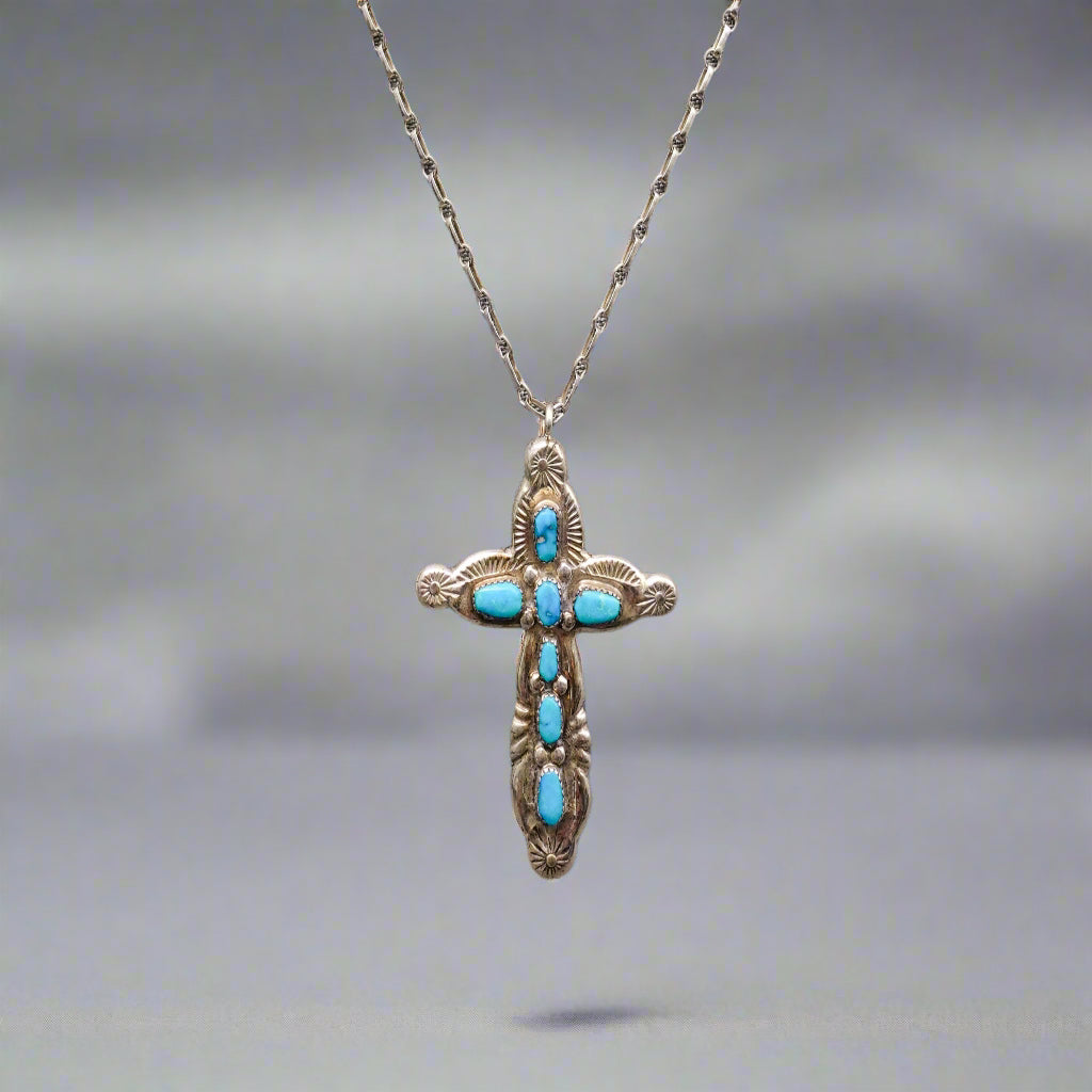 Horace Iule Signed Zuni Sterling Silver Turquoise Cross Pendant With Necklace (Copy)