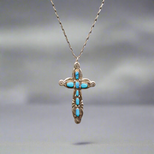 Horace Iule Signed Zuni Sterling Silver Turquoise Cross Pendant With Necklace (Copy)