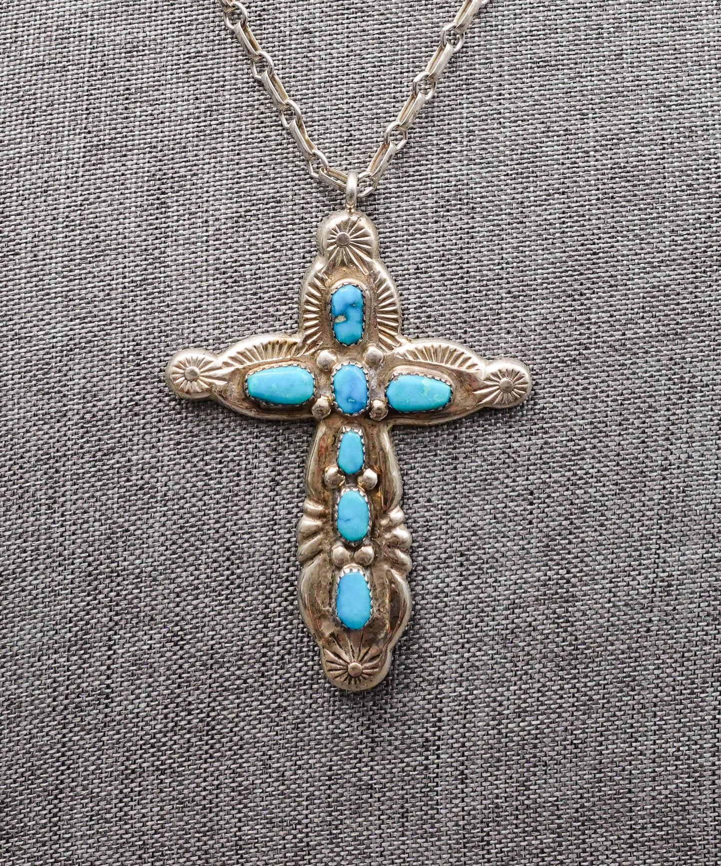 Horace Iule Signed Zuni Sterling Silver Turquoise Cross Pendant With Necklace (Copy)
