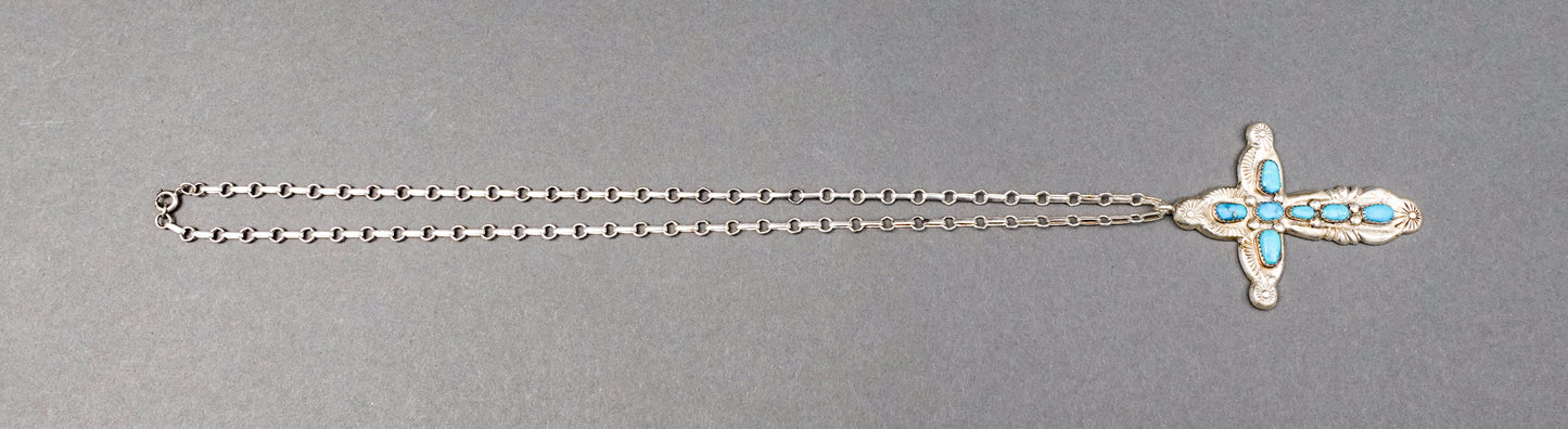 Horace Iule Signed Zuni Sterling Silver Turquoise Cross Pendant With Necklace (Copy)