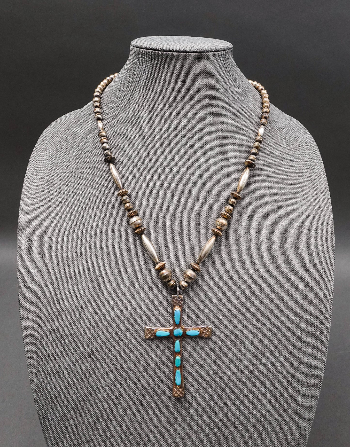 Horace Iule Signed Zuni Sterling Silver Turquoise Cross Pendant With Necklace