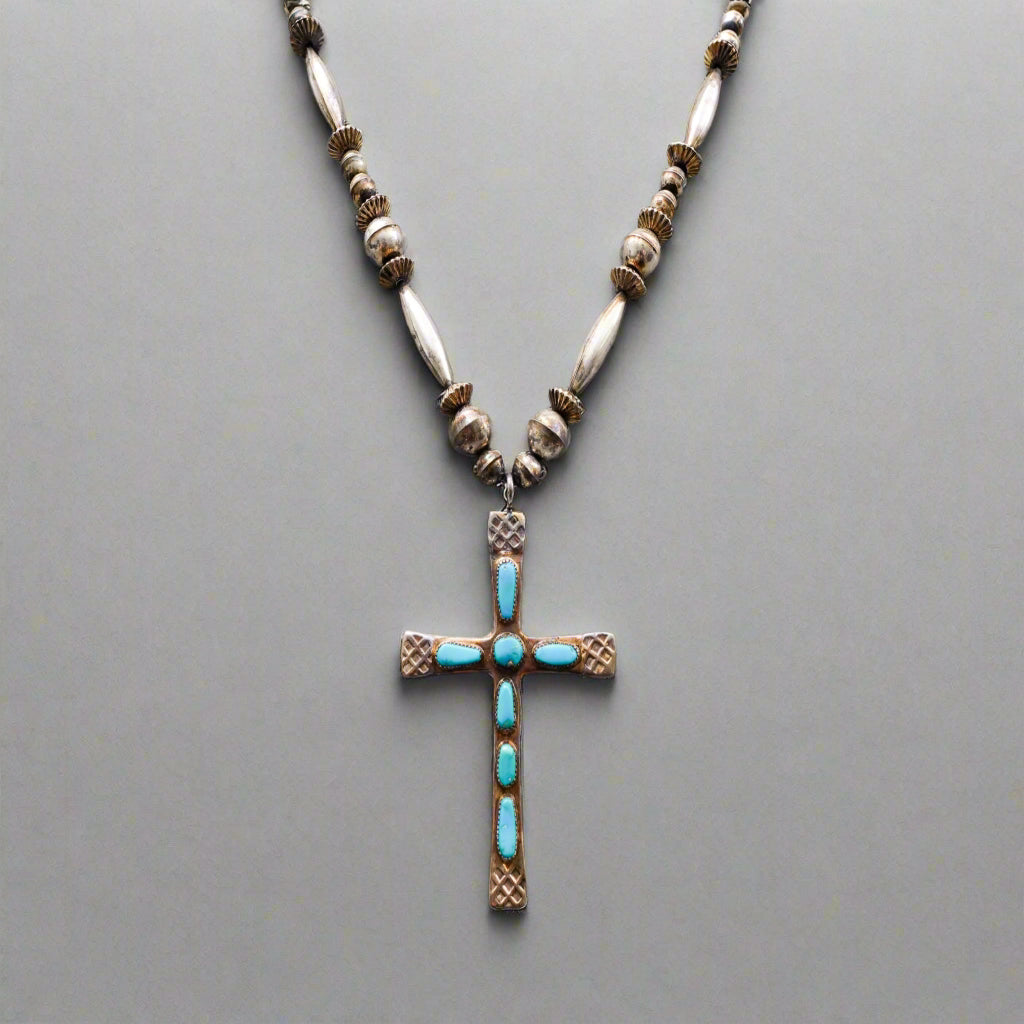 Horace Iule Signed Zuni Sterling Silver Turquoise Cross Pendant With Necklace