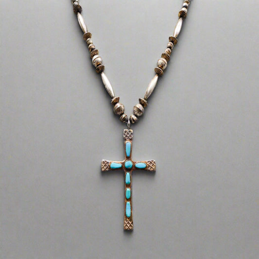 Horace Iule Signed Zuni Sterling Silver Turquoise Cross Pendant With Necklace