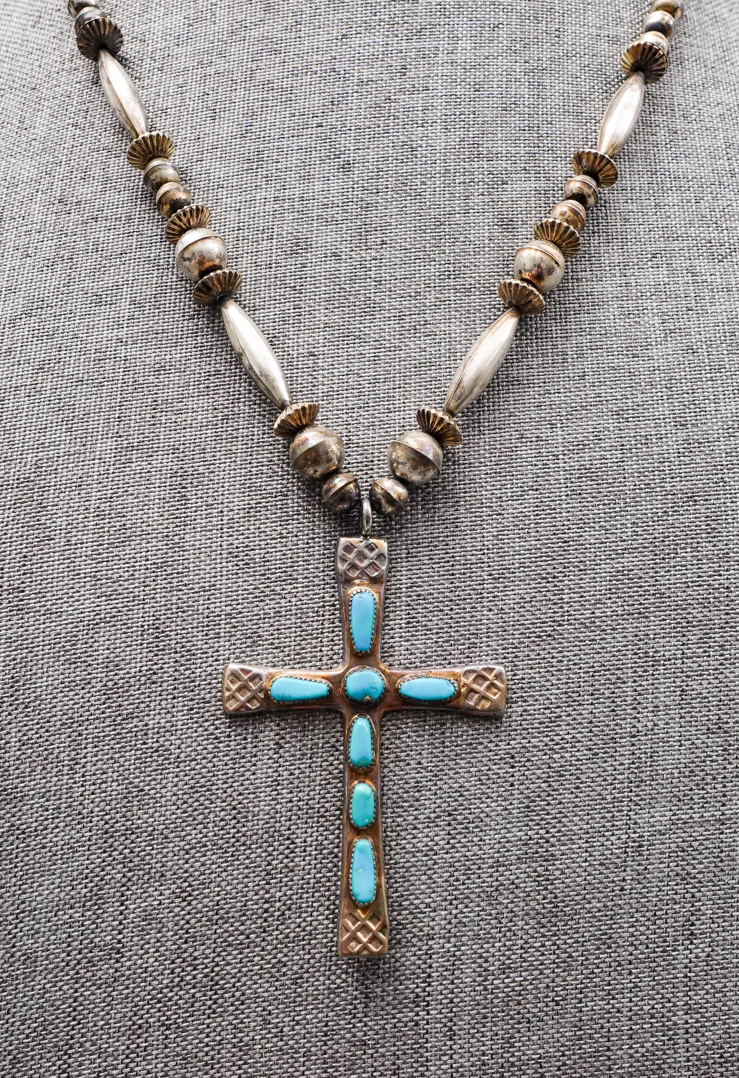 Horace Iule Signed Zuni Sterling Silver Turquoise Cross Pendant With Necklace