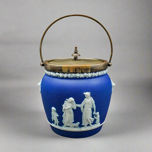 Wedgwood England Antique Cobalt Blue Jasperware Silver Plated Biscuit Barrel Jar
