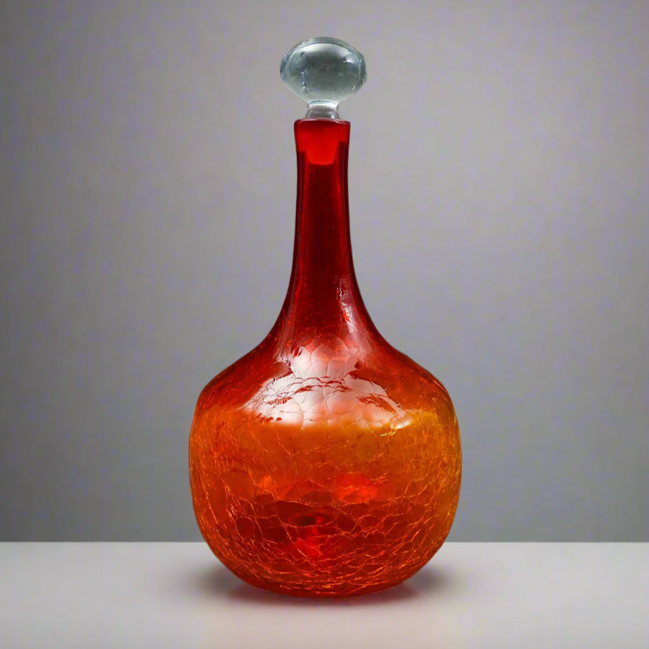 Blenko Vintage MCM Tangerine Amberina Crackle Glass Decanter With Stopper 16"