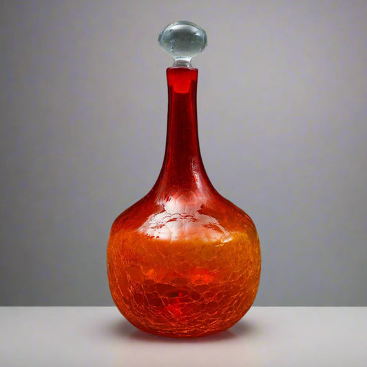 Blenko Vintage MCM Tangerine Amberina Crackle Glass Decanter With Stopper 16"