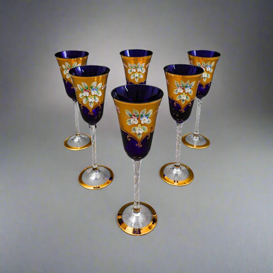 Tre Fuochi Venetian Murano Glass Cobalt Blue 24K Gold Wine Glasses Set Of 6