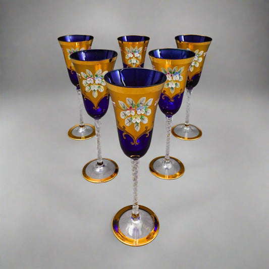 Tre Fuochi Venetian Murano Glass Cobalt Blue 24K Gold Wine Glasses Set Of 6
