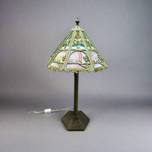 Bradley & Hubbard Antique Vintage Arts And Crafts Leaded Slag Glass Table Lamp