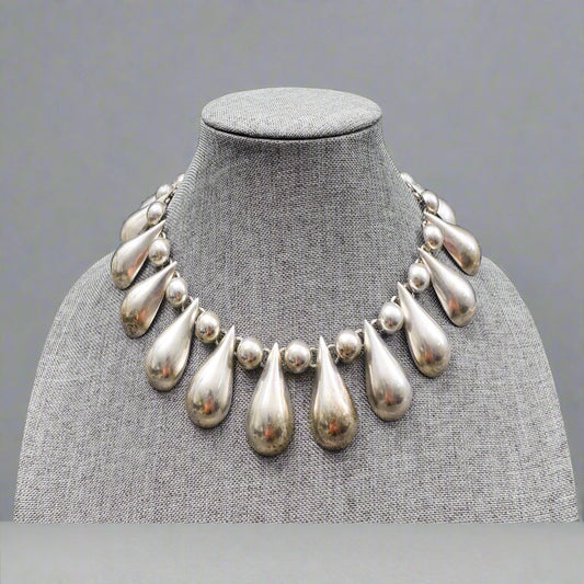 Mexico 925 Sterling Silver Heavy Modernist Teardrop Bead Choker Necklace 193.5g