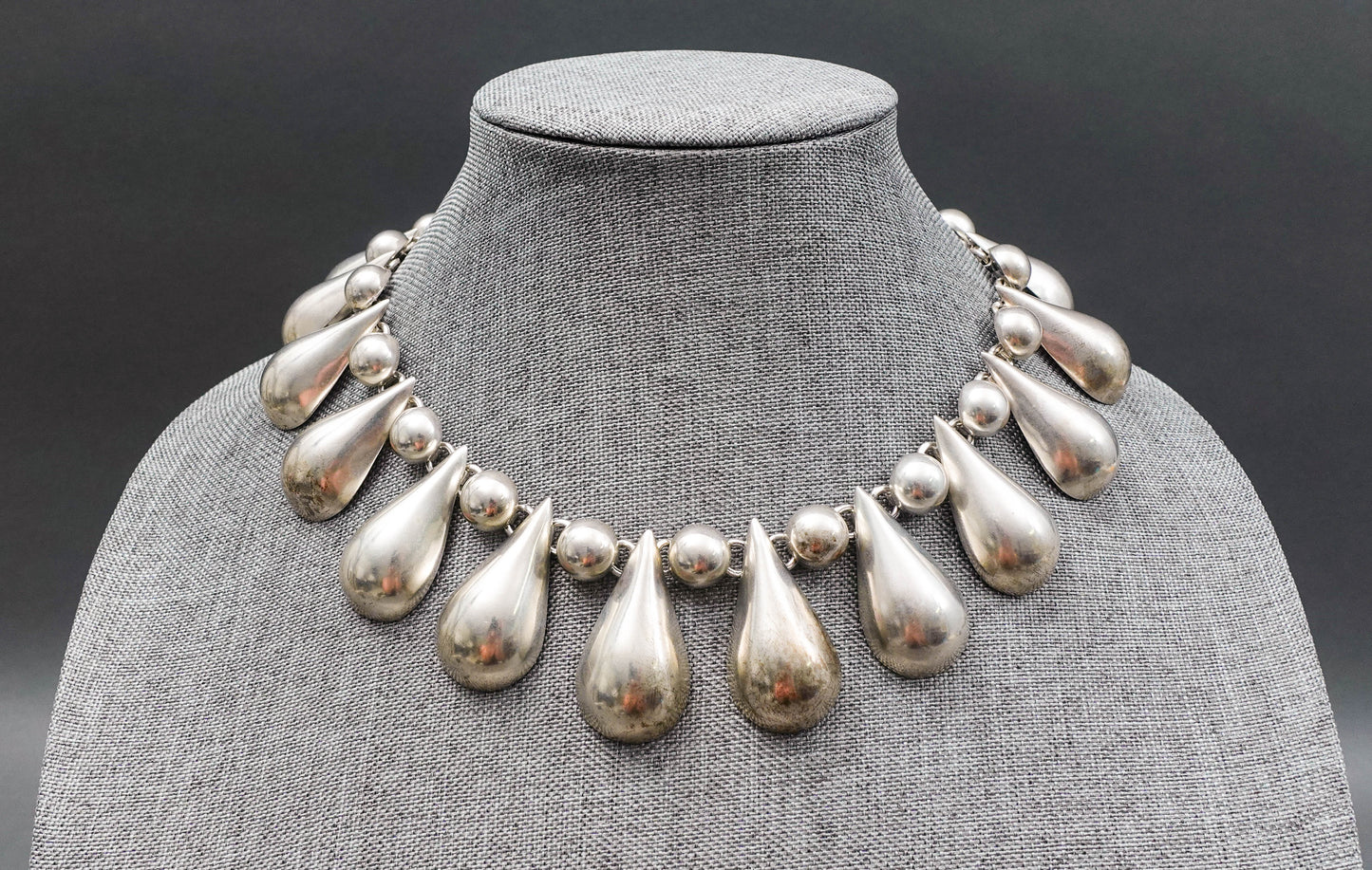 Mexico 925 Sterling Silver Heavy Modernist Teardrop Bead Choker Necklace 193.5g