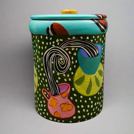 Droll Designs Large Oreo's Cups Saucers Ceramic Lidded Cookie Jar Canister 10.5"