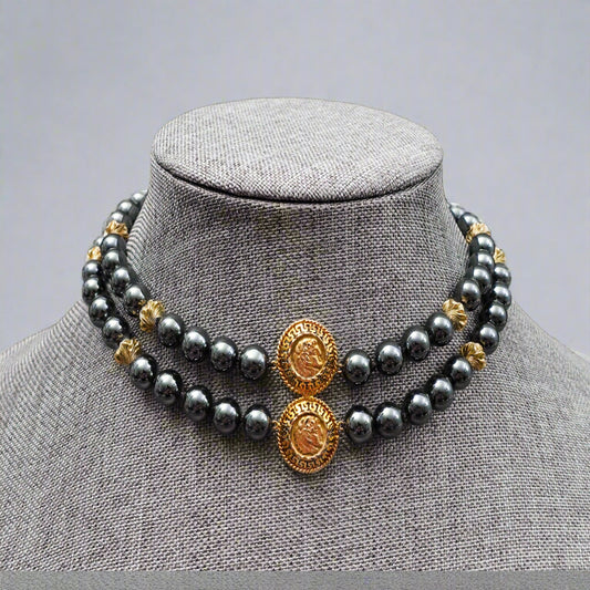 Majorica 14k Pendant Tahitian Pearl Double Strand Beaded Necklace Silver Clasp