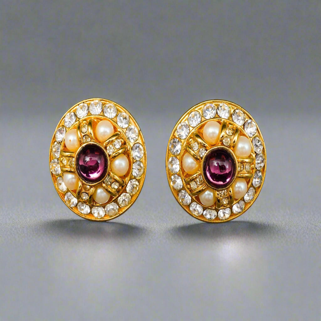 Blanca Vintage Round Gold Tone Cabochon Rhinestone Faux Pearl Clip Earrings