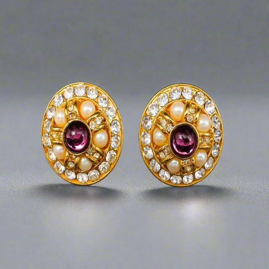 Blanca Vintage Round Gold Tone Cabochon Rhinestone Faux Pearl Clip Earrings