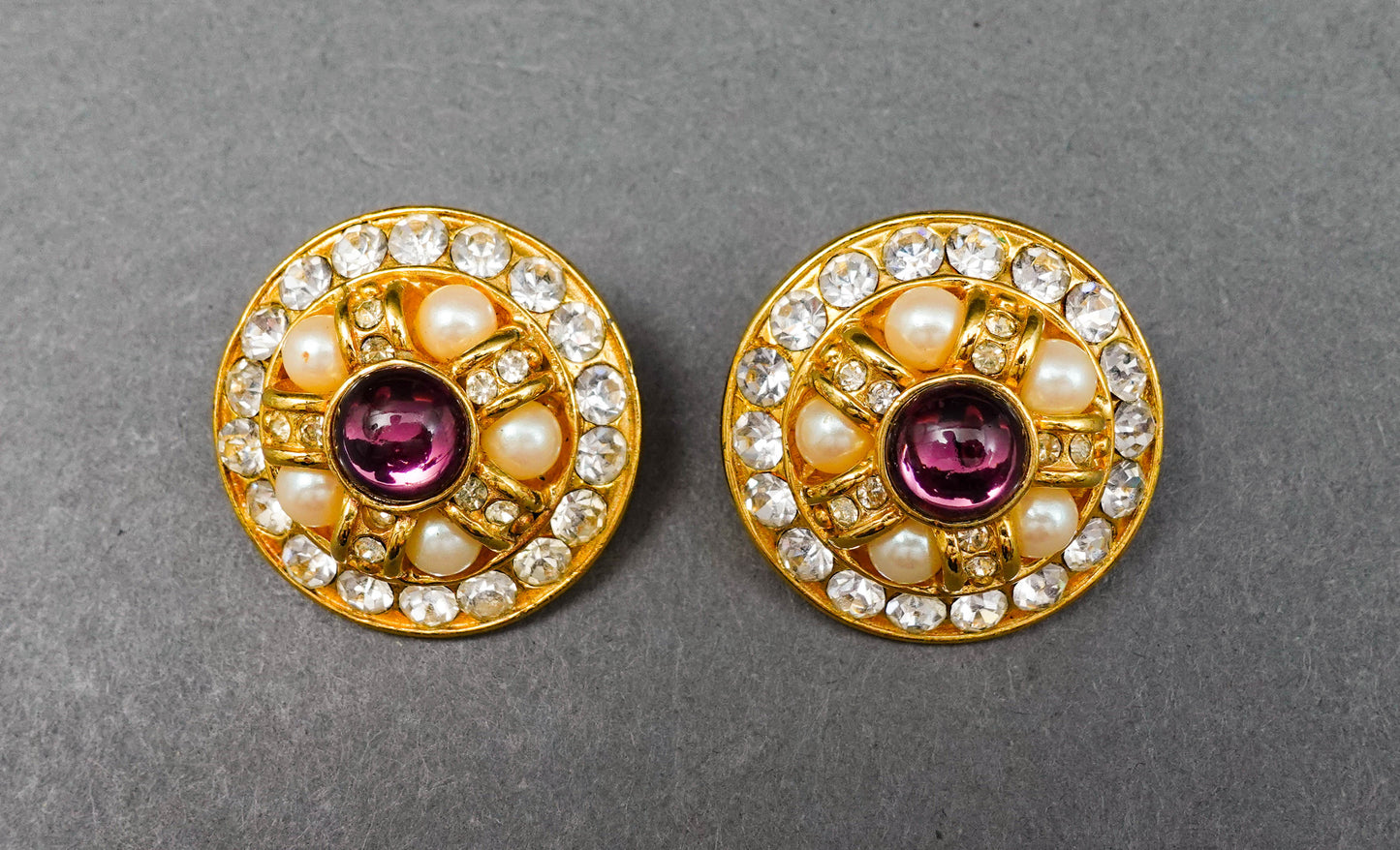 Blanca Vintage Round Gold Tone Cabochon Rhinestone Faux Pearl Clip Earrings