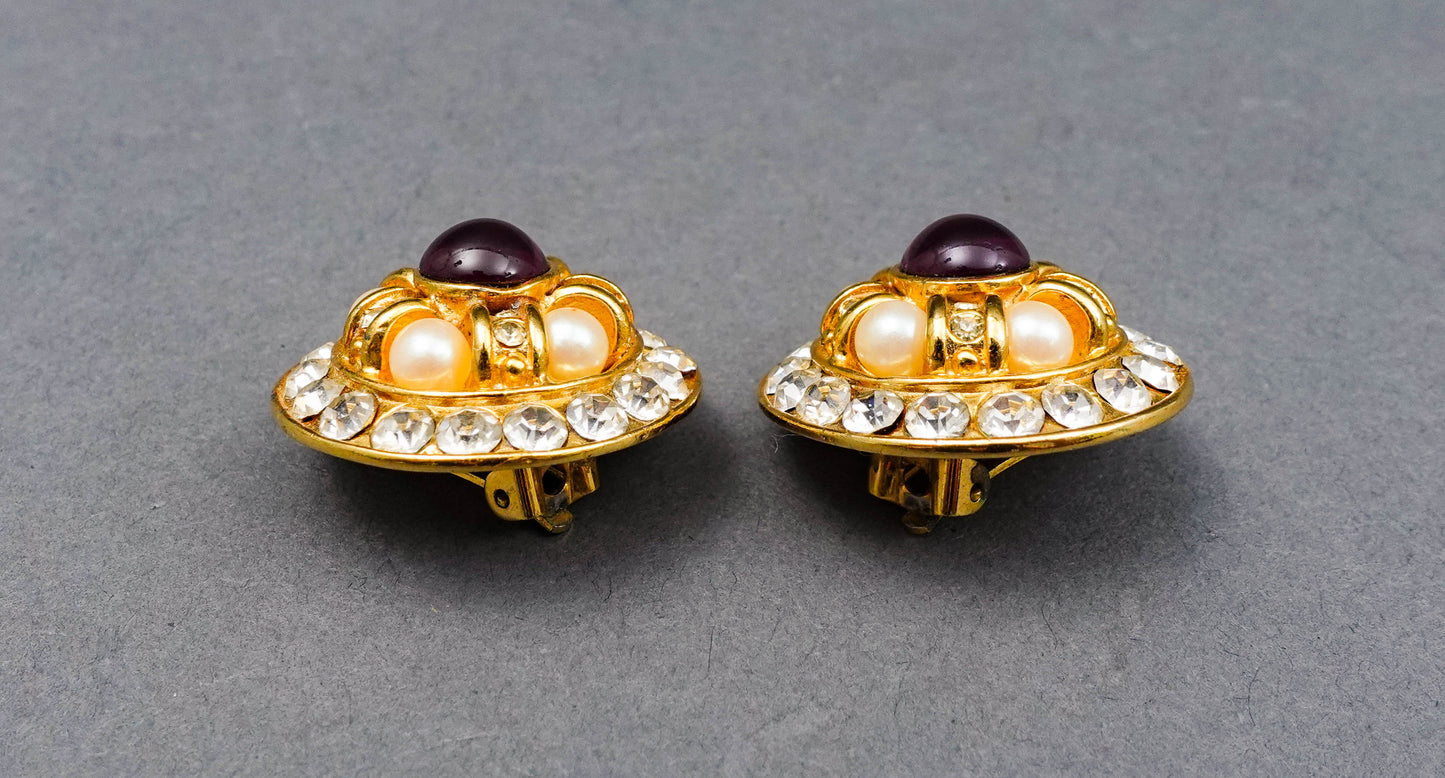 Blanca Vintage Round Gold Tone Cabochon Rhinestone Faux Pearl Clip Earrings