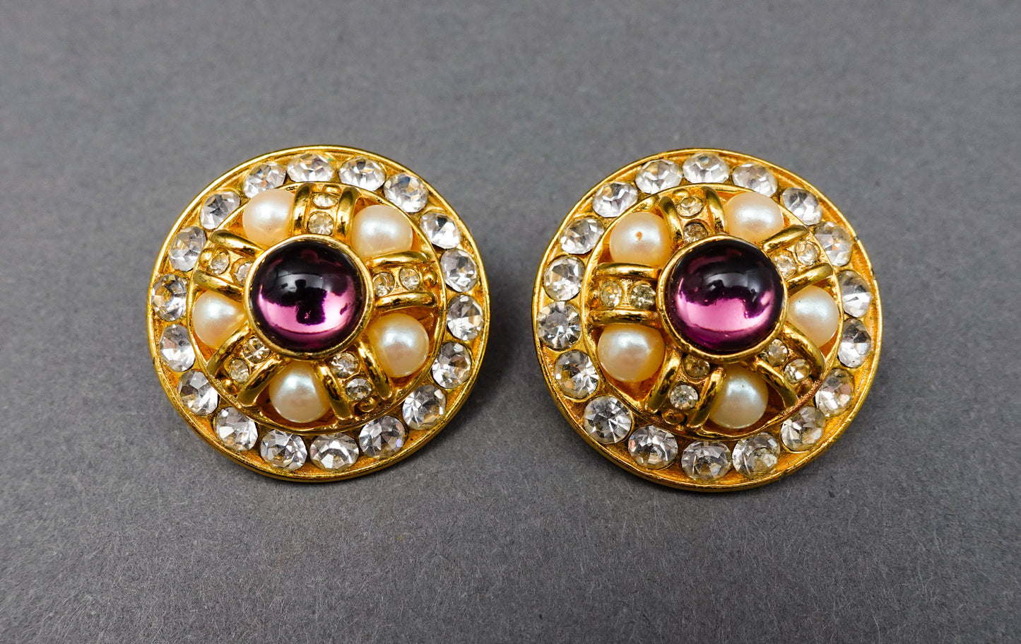 Blanca Vintage Round Gold Tone Cabochon Rhinestone Faux Pearl Clip Earrings
