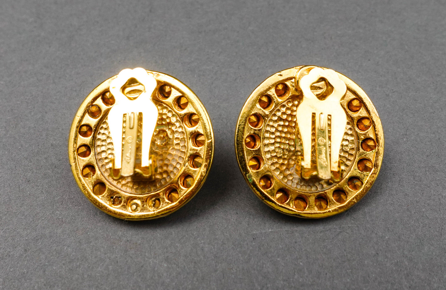 Blanca Vintage Round Gold Tone Cabochon Rhinestone Faux Pearl Clip Earrings