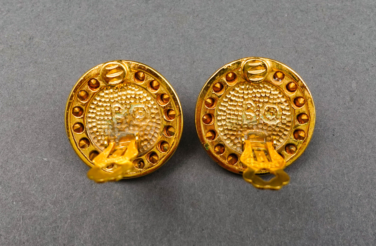 Blanca Vintage Round Gold Tone Cabochon Rhinestone Faux Pearl Clip Earrings