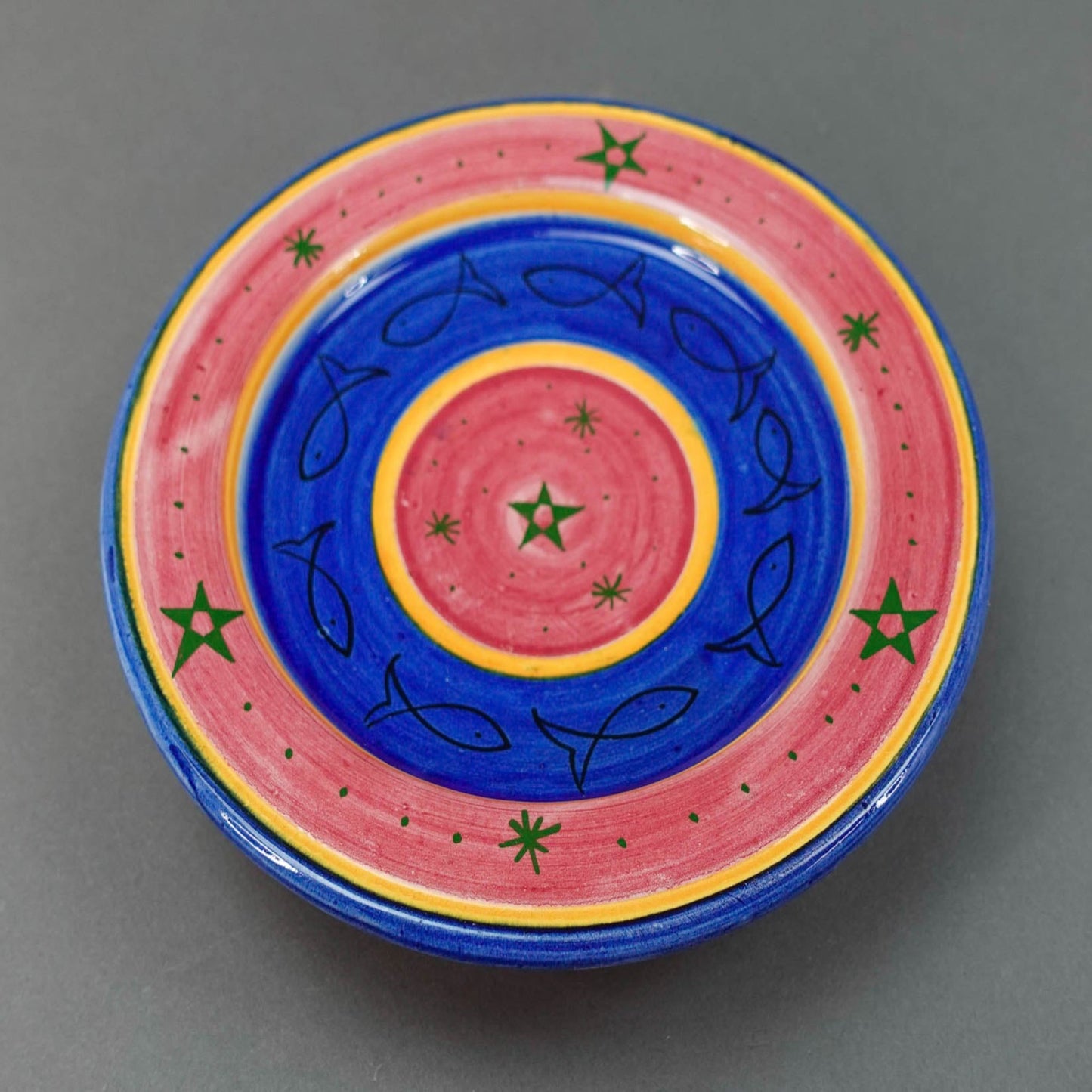 Mekki Essouria Signed Moroccan Hand Painted Fish & Stars Pottery Wall Plate Bowl