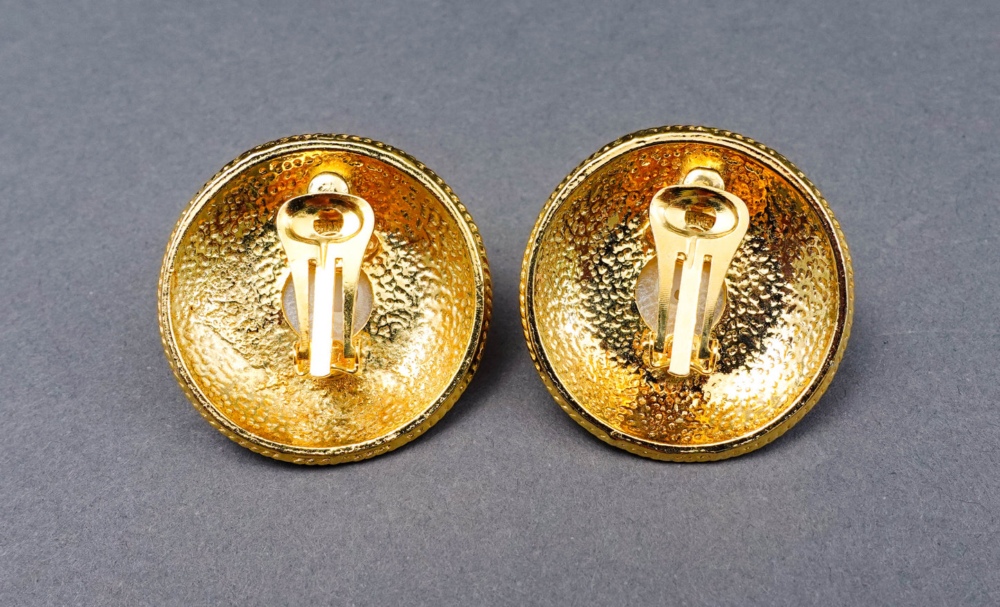 Chanel Vintage CC Logo Round Gold Tone Faux Mabe Pearl Rhinestone Clip Earrings