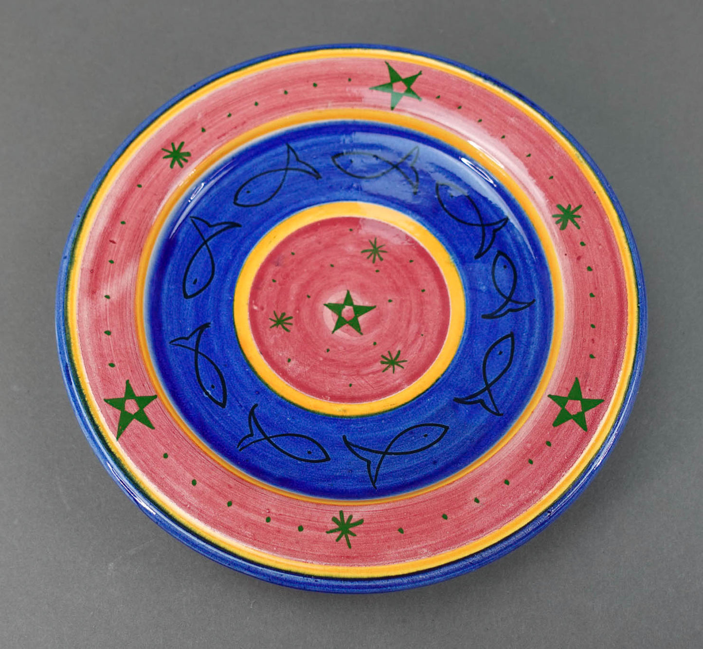 Mekki Essouria Signed Moroccan Hand Painted Fish & Stars Pottery Wall Plate Bowl