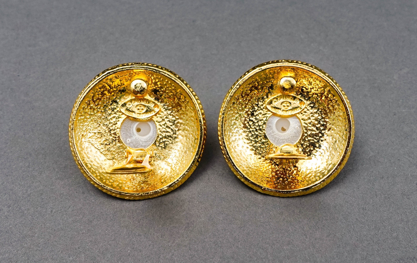 Chanel Vintage CC Logo Round Gold Tone Faux Mabe Pearl Rhinestone Clip Earrings
