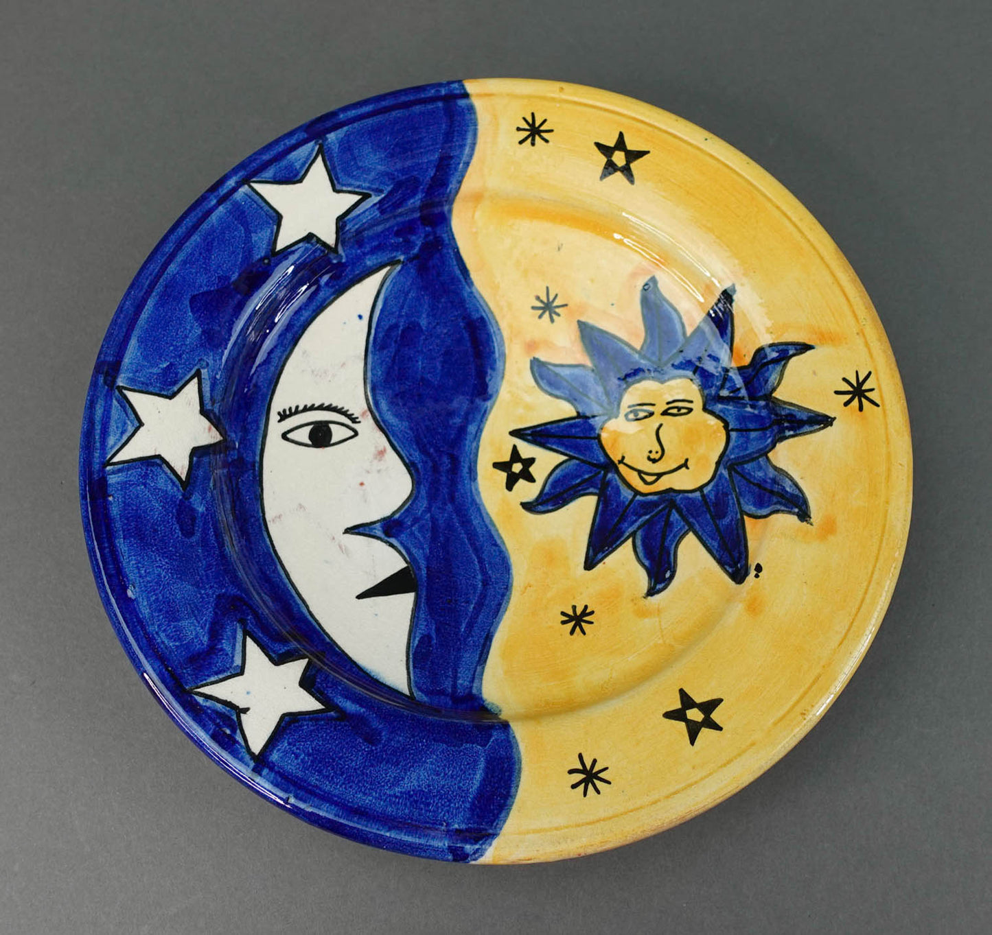 Safi Signed Vintage Moroccan Hand Painted Sun & Moon Pottery Wall Plate Bowl